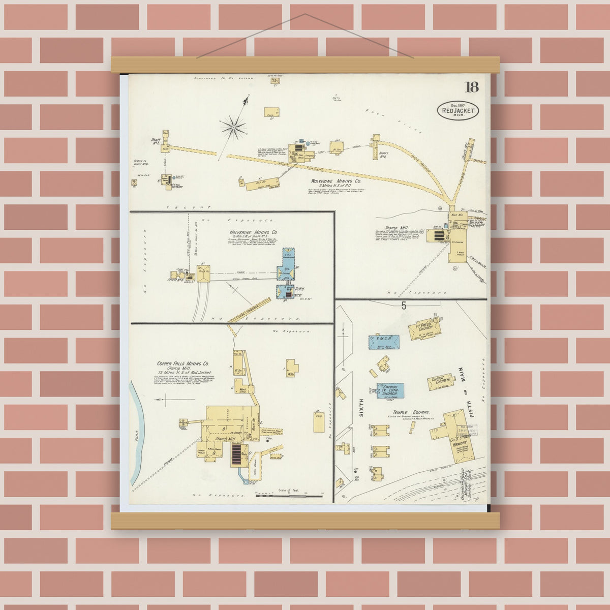 Old map wall art mockup — magnetic wood frame on brick wall — Sanborn Fire Insurance Map from Red Jacket, Houghton County, Michigan (1897), Sheet #0018