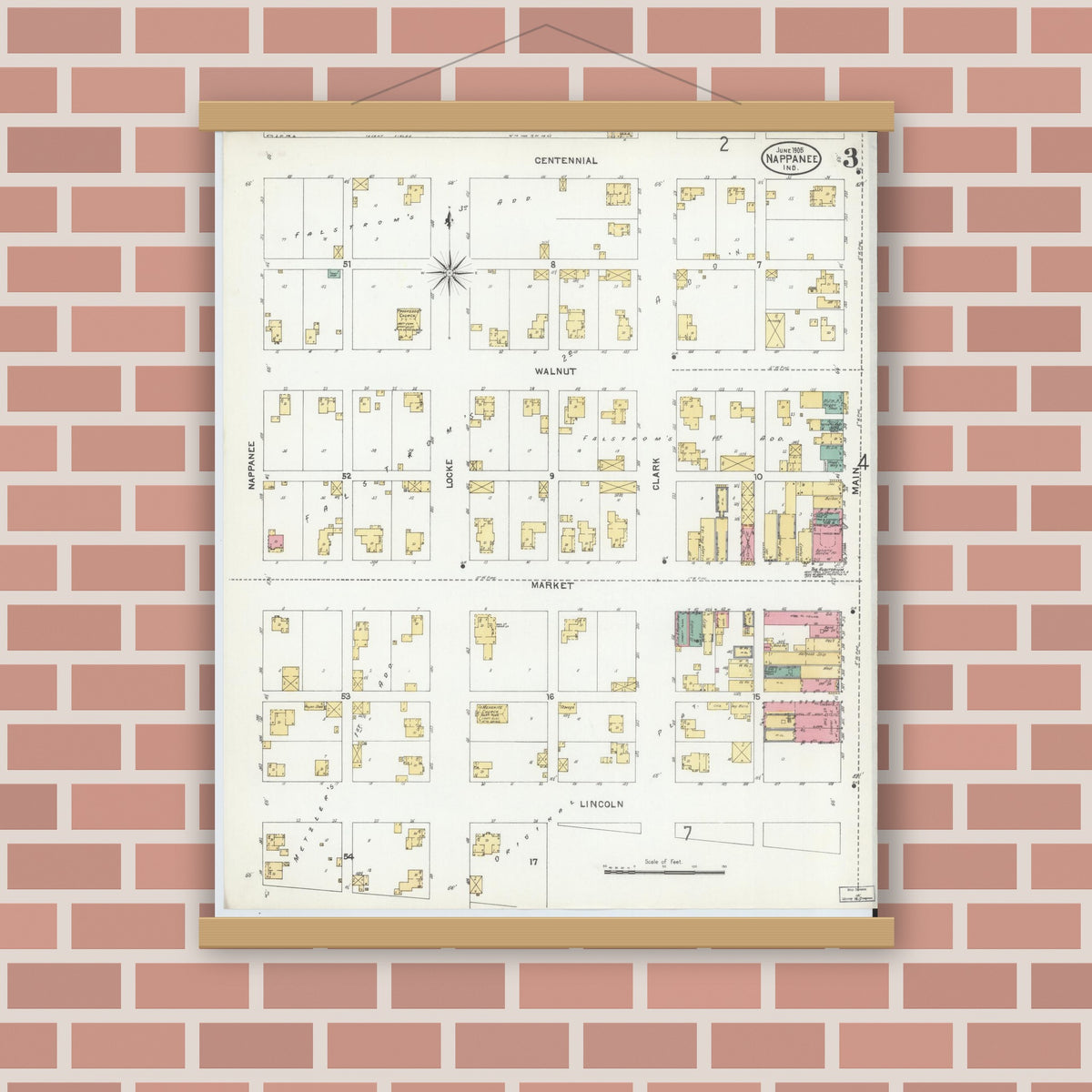 Old map wall art mockup — magnetic wood frame on brick wall — Sanborn Fire Insurance Map from Nappanee, Elkhart County, Indiana (1905), Sheet #0003