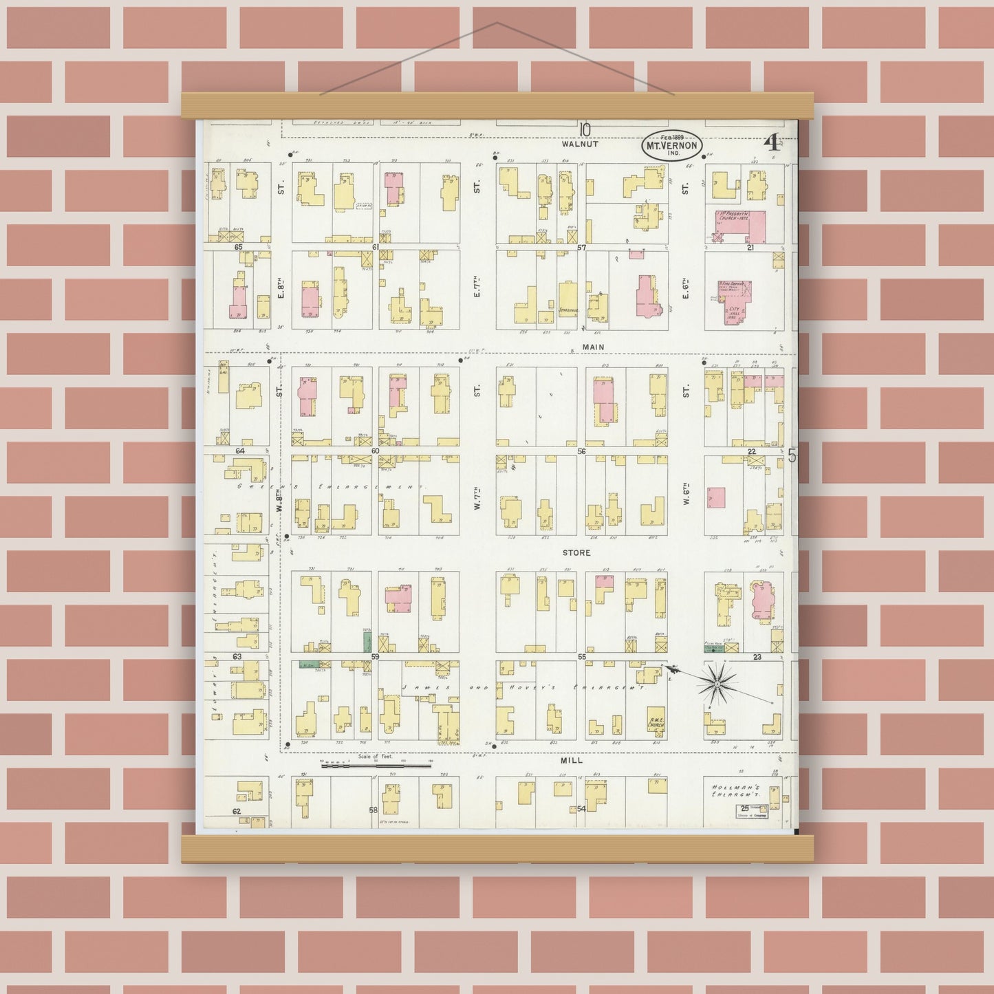 Old map wall art mockup — magnetic wood frame on brick wall — Sanborn Fire Insurance Map from Mount Vernon, Posey County, Indiana (1899), Sheet #0004