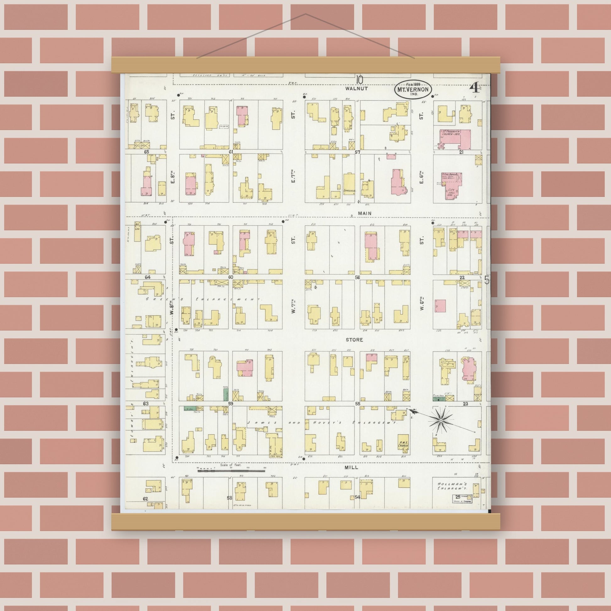 Old map wall art mockup — magnetic wood frame on brick wall — Sanborn Fire Insurance Map from Mount Vernon, Posey County, Indiana (1899), Sheet #0004