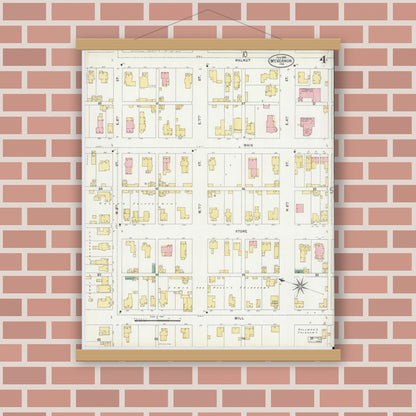 Old map wall art mockup — magnetic wood frame on brick wall — Sanborn Fire Insurance Map from Mount Vernon, Posey County, Indiana (1899), Sheet #0004