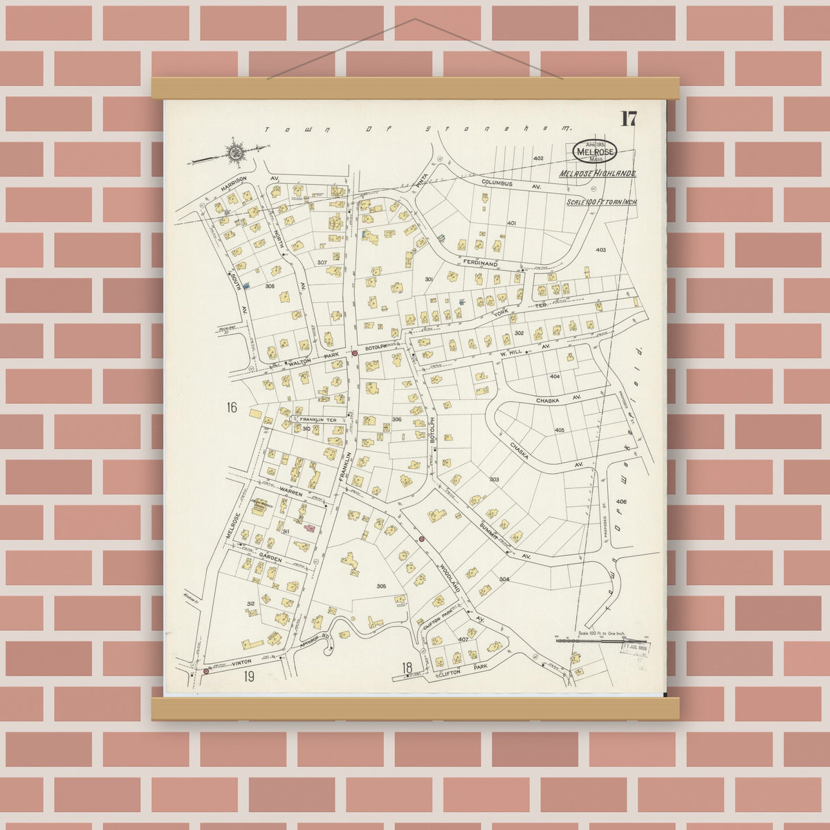 Old map wall art mockup — magnetic wood frame on brick wall — Sanborn Fire Insurance Map from Melrose, Middlesex County, Massachusetts (1915), Sheet #0017