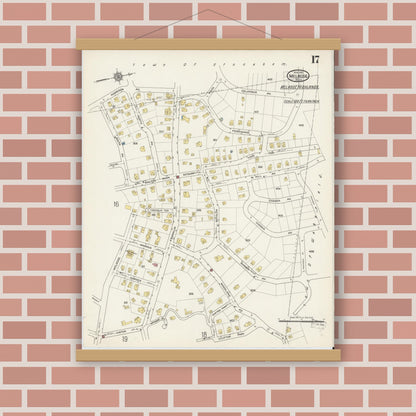 Old map wall art mockup — magnetic wood frame on brick wall — Sanborn Fire Insurance Map from Melrose, Middlesex County, Massachusetts (1915), Sheet #0017