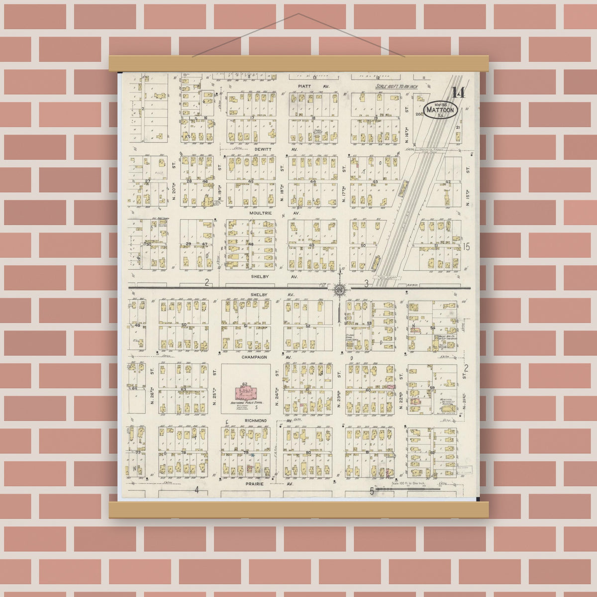 Old map wall art mockup — magnetic wood frame on brick wall — Sanborn Fire Insurance Map from Mattoon, Coles County, Illinois (1915), Sheet #0014
