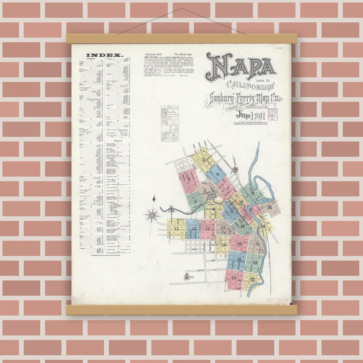 Old map wall art mockup — magnetic wood frame on brick wall — Sanborn Fire Insurance Map from Napa, Napa County, California (1901) - Complete Map Set