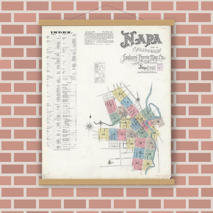 Old map wall art mockup — magnetic wood frame on brick wall — Sanborn Fire Insurance Map from Napa, Napa County, California (1901) - Complete Map Set