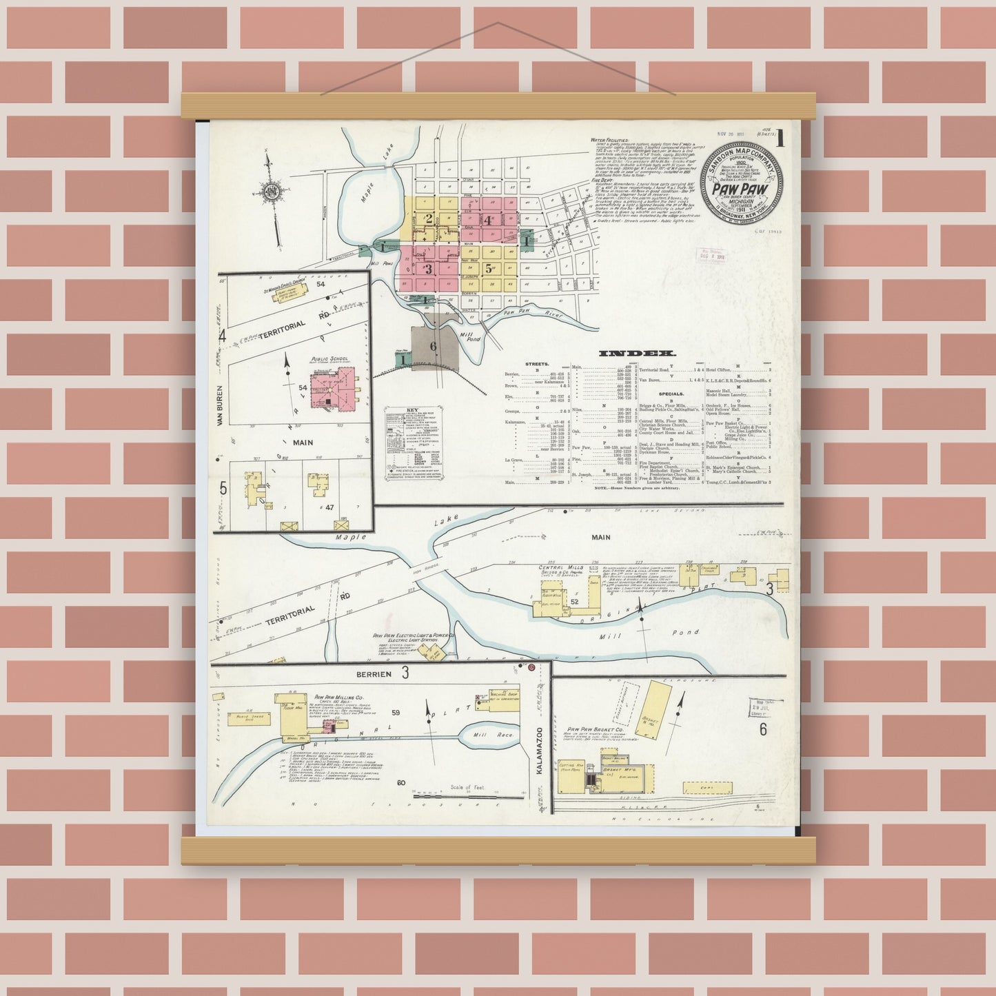 Old map wall art mockup — magnetic wood frame on brick wall — Sanborn Fire Insurance Map from Paw Paw, Van Buren County, Michigan (1911) - Complete Map Set