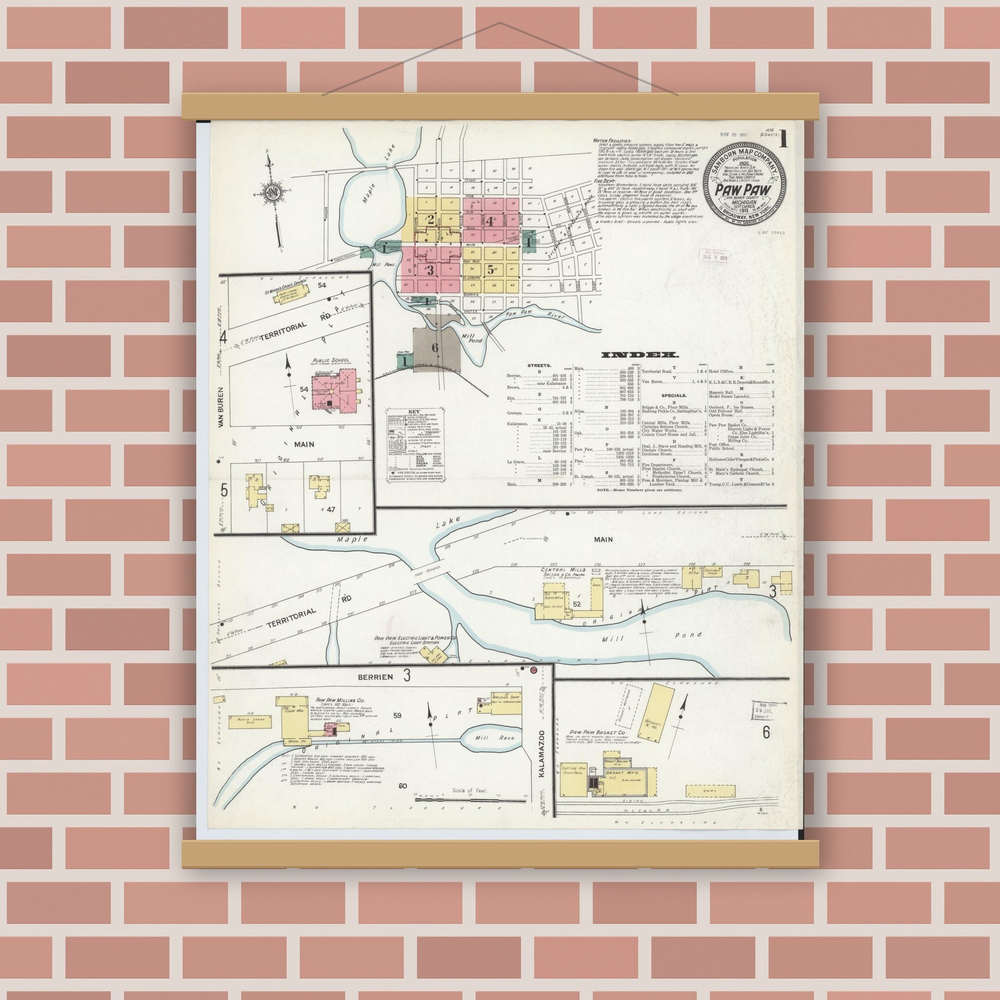 Old map wall art mockup — magnetic wood frame on brick wall — Sanborn Fire Insurance Map from Paw Paw, Van Buren County, Michigan (1911) - Complete Map Set