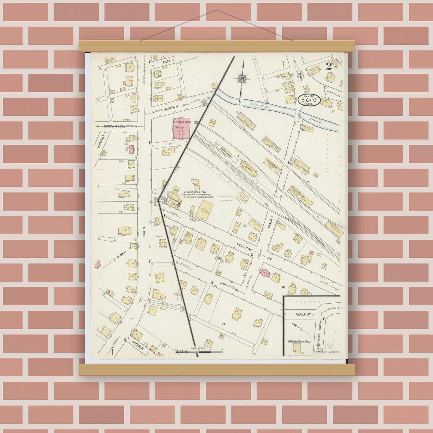 Old map wall art mockup — magnetic wood frame on brick wall — Sanborn Fire Insurance Map from Scio, Harrison County, Ohio (1915), Sheet #0002