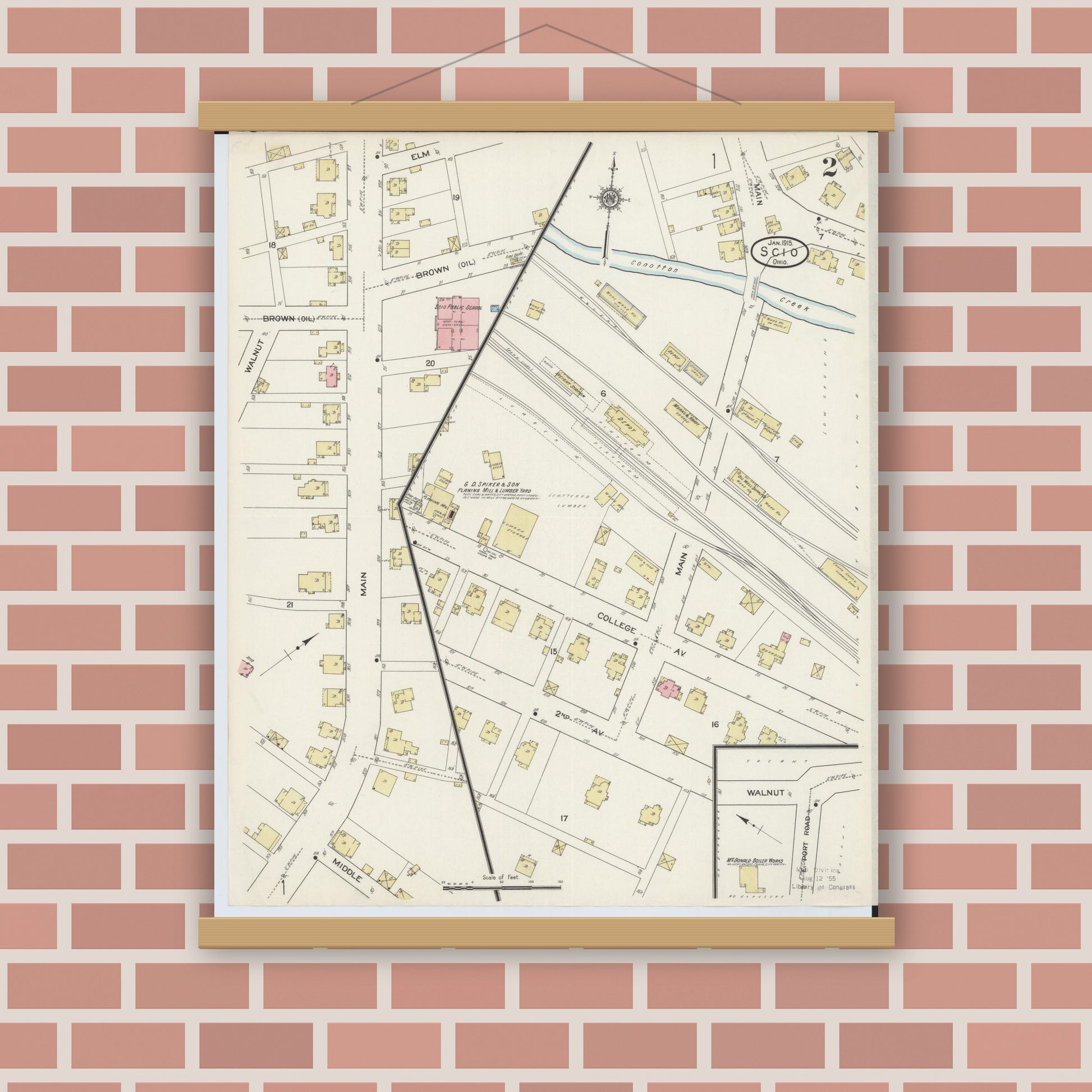 Old map wall art mockup — magnetic wood frame on brick wall — Sanborn Fire Insurance Map from Scio, Harrison County, Ohio (1915), Sheet #0002