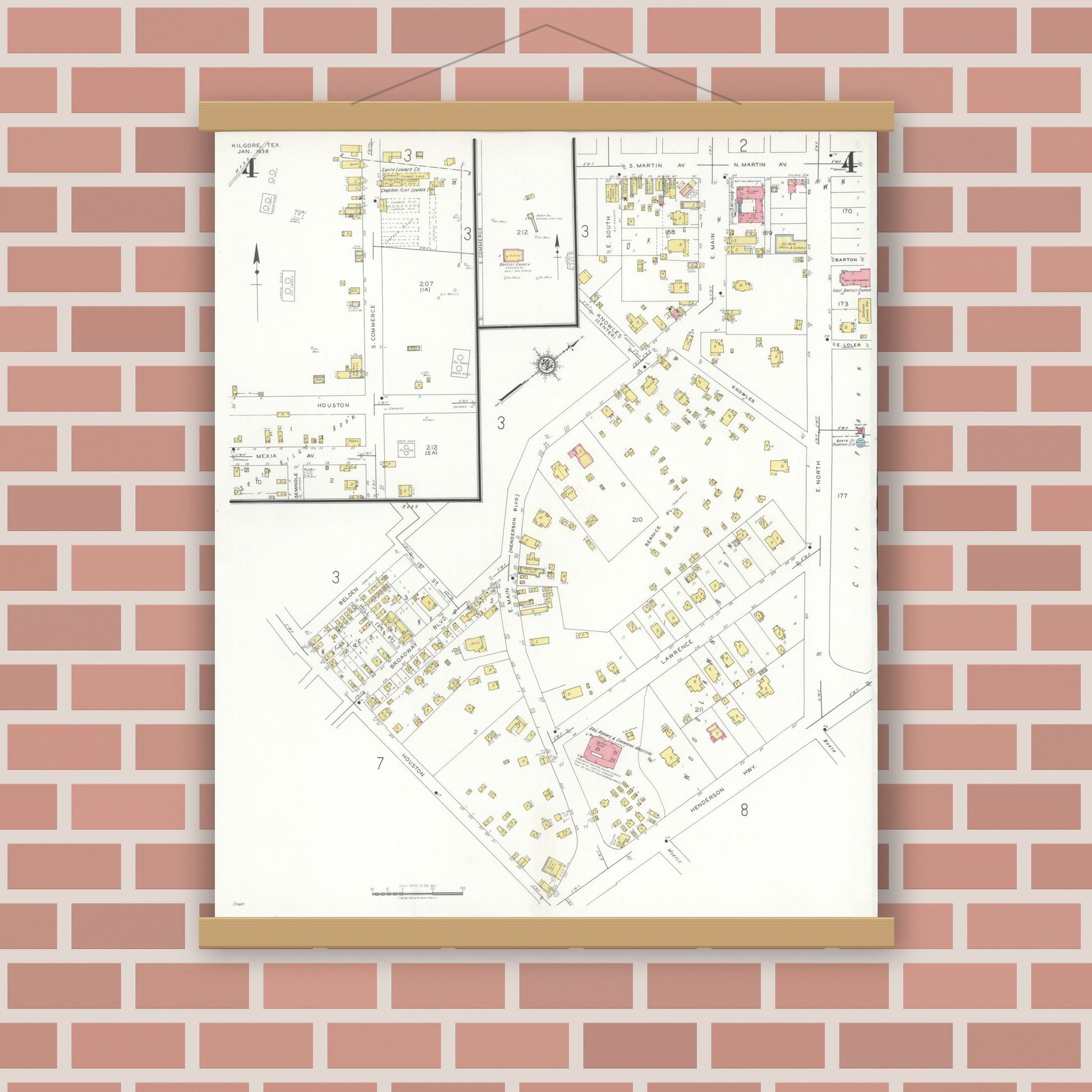 Old map wall art mockup — magnetic wood frame on brick wall — Sanborn Fire Insurance Map from Kilgore, Gregg County, Texas (1936), Sheet #0004
