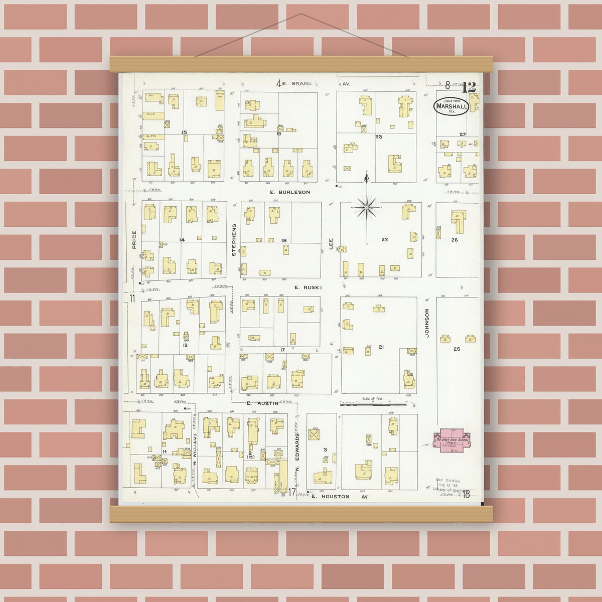 Old map wall art mockup — magnetic wood frame on brick wall — Sanborn Fire Insurance Map from Marshall, Harrison County, Texas (1909), Sheet #0012