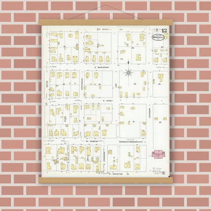 Old map wall art mockup — magnetic wood frame on brick wall — Sanborn Fire Insurance Map from Marshall, Harrison County, Texas (1909), Sheet #0012