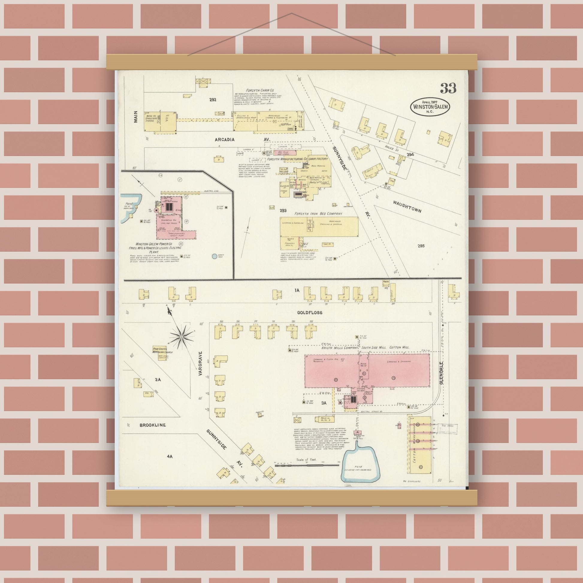 Old map wall art mockup — magnetic wood frame on brick wall — Sanborn Fire Insurance Map from Winston-Salem, Forsyth County, North Carolina (1907), Sheet #0033