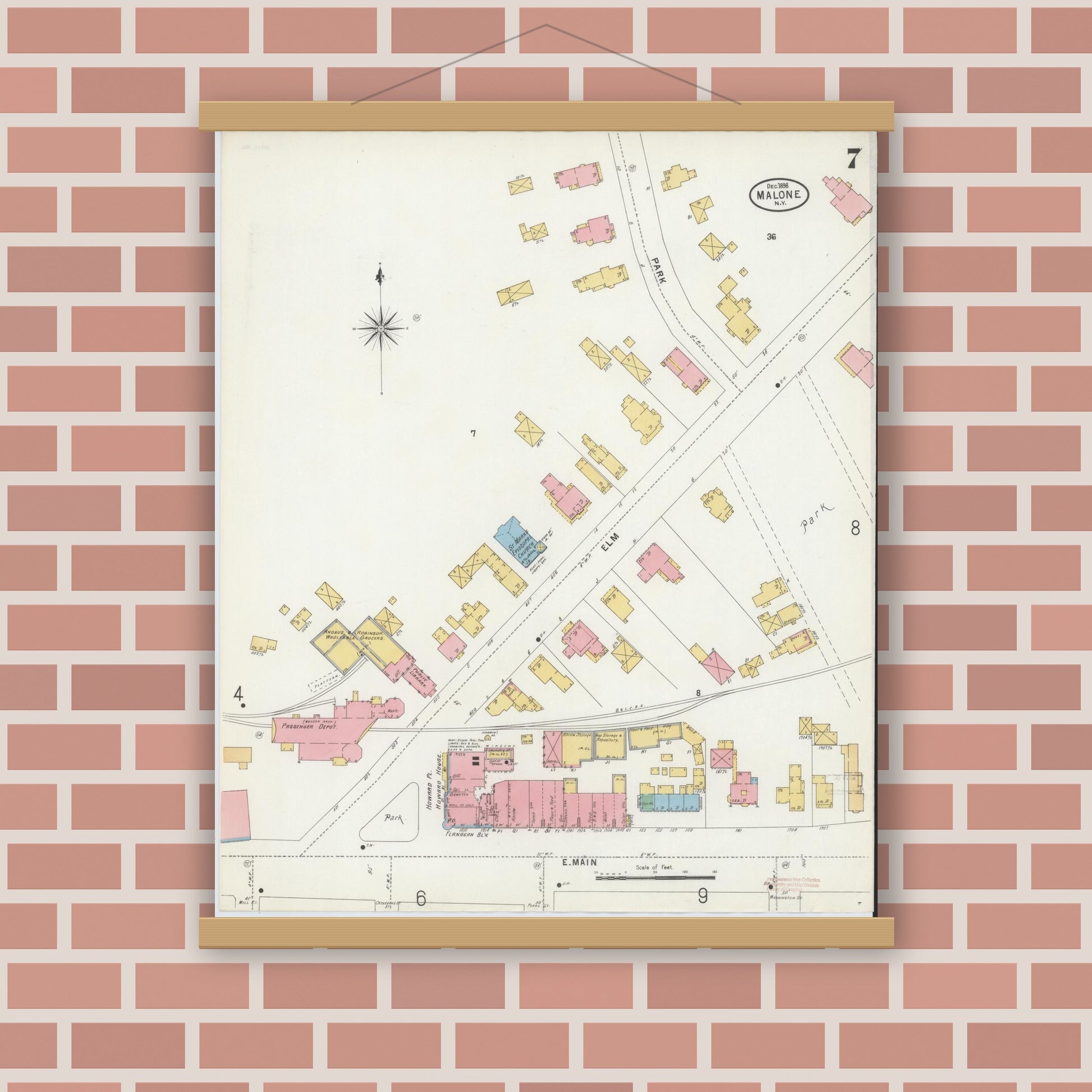 Old map wall art mockup — magnetic wood frame on brick wall — Sanborn Fire Insurance Map from Malone, Franklin County, New York (1898), Sheet #0007
