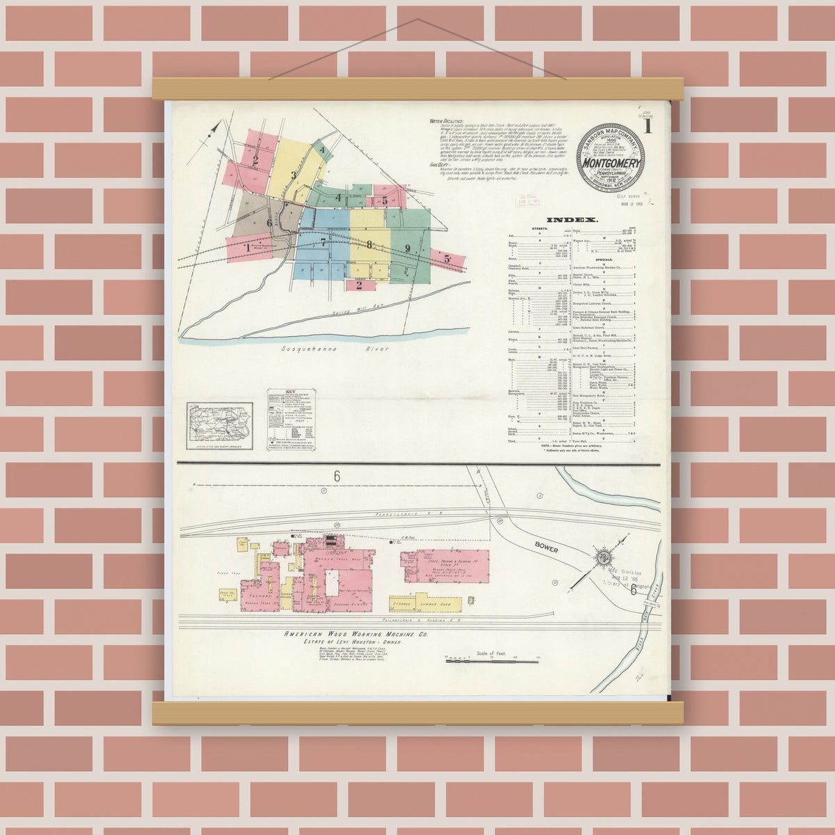 Old map wall art mockup — magnetic wood frame on brick wall — Sanborn Fire Insurance Map from Montgomery, Lycoming County, Pennsylvania (1912), Sheet #0001