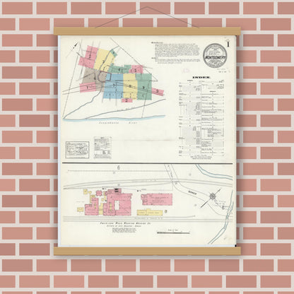 Old map wall art mockup — magnetic wood frame on brick wall — Sanborn Fire Insurance Map from Montgomery, Lycoming County, Pennsylvania (1912), Sheet #0001