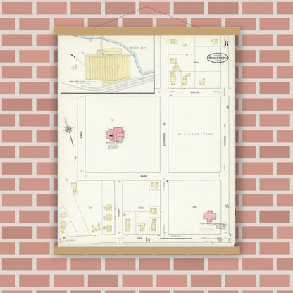 Old map wall art mockup — magnetic wood frame on brick wall — Sanborn Fire Insurance Map from Winchendon, Worcester County, Massachusetts (1914), Sheet #0008
