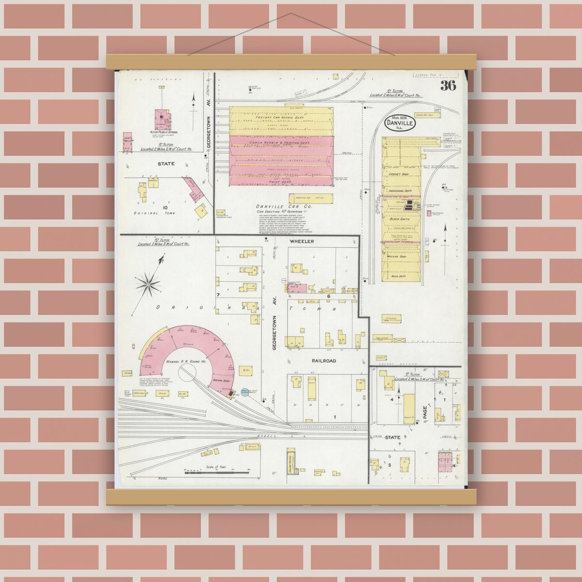Old map wall art mockup — magnetic wood frame on brick wall — Sanborn Fire Insurance Map from Danville, Vermilion County, Illinois (1909), Sheet #0036