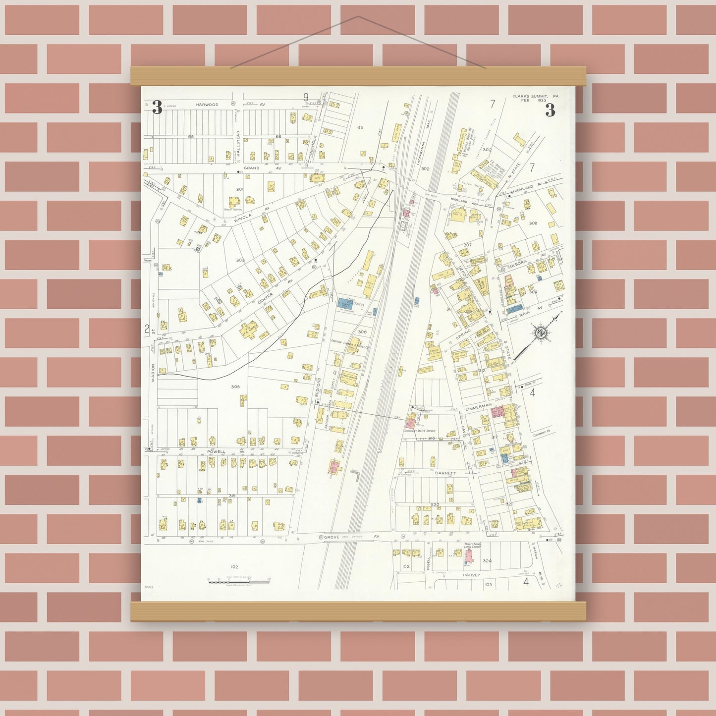 Old map wall art mockup — magnetic wood frame on brick wall — Sanborn Fire Insurance Map from Clark's Summit, Lackawanna County, Pennsylvania (1933), Sheet #0003