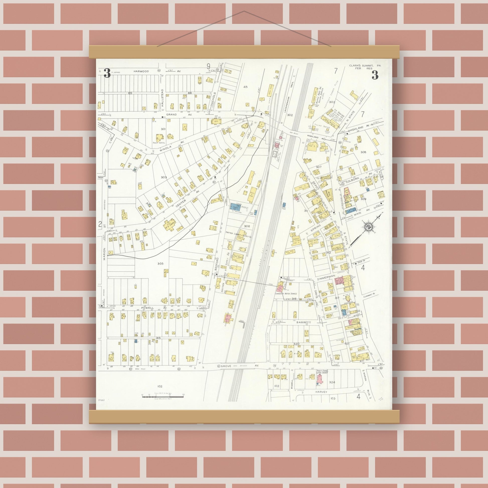 Old map wall art mockup — magnetic wood frame on brick wall — Sanborn Fire Insurance Map from Clark's Summit, Lackawanna County, Pennsylvania (1933), Sheet #0003