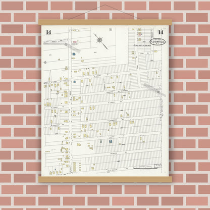 Old map wall art mockup — magnetic wood frame on brick wall — Sanborn Fire Insurance Map from Pleasantville, Atlantic County, New Jersey (1924), Sheet #0014