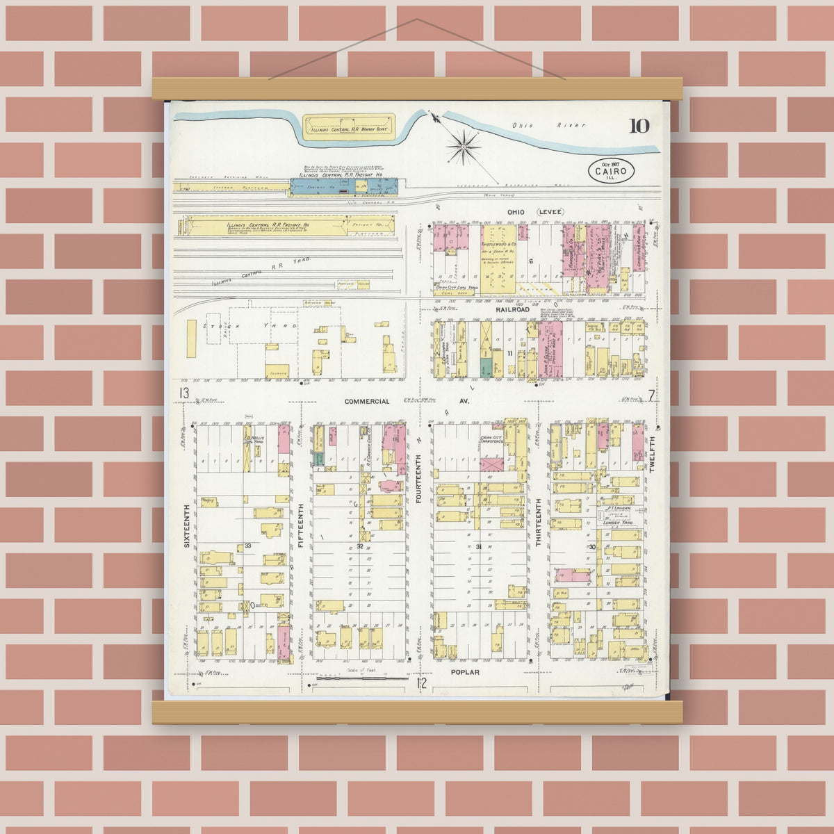 Old map wall art mockup — magnetic wood frame on brick wall — Sanborn Fire Insurance Map from Cairo, Alexander County, Illinois (1907), Sheet #0010
