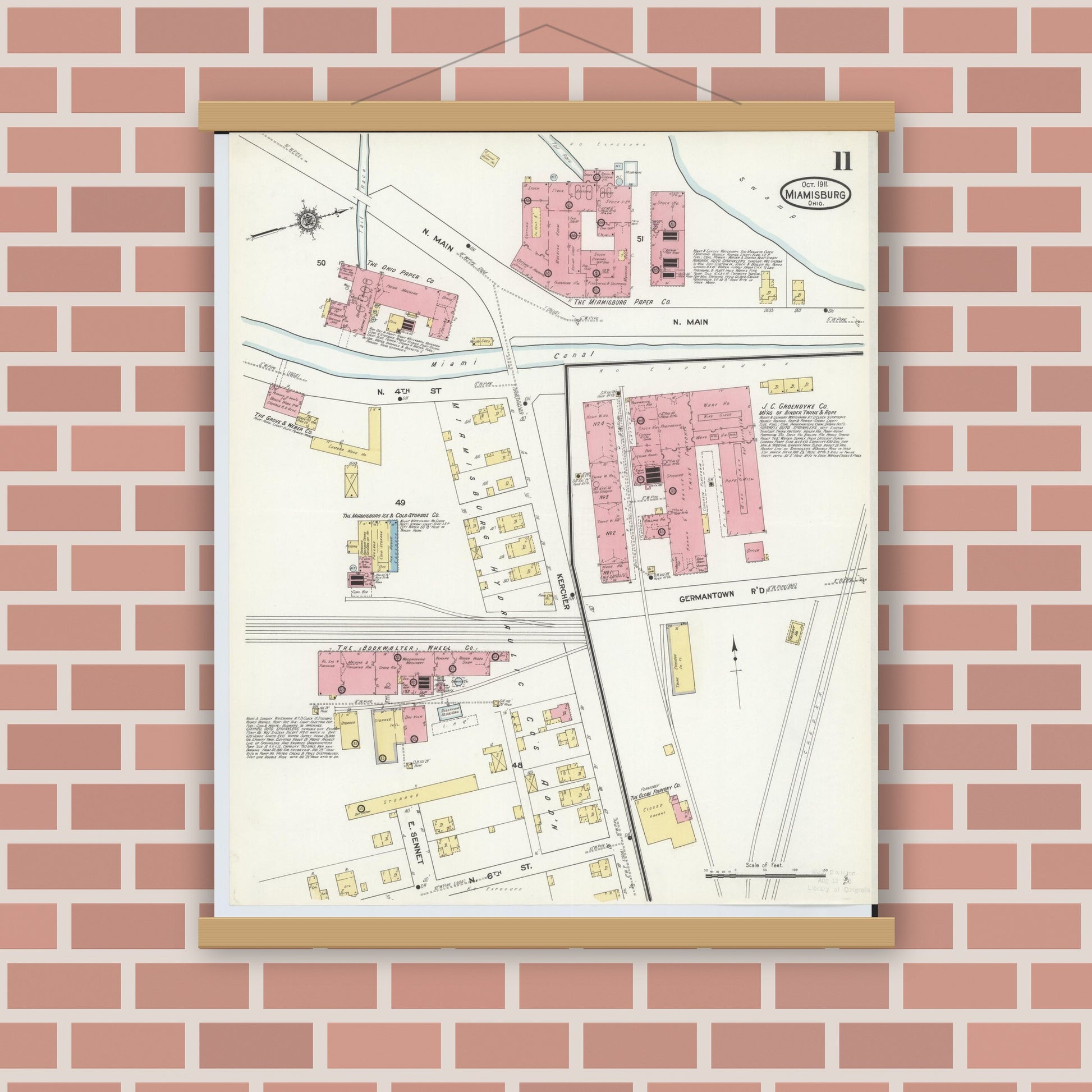 Old map wall art mockup — magnetic wood frame on brick wall — Sanborn Fire Insurance Map from Miamisburg, Montgomery County, Ohio (1911), Sheet #0011