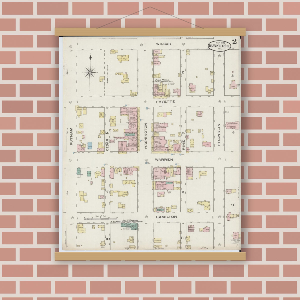 Old map wall art mockup — magnetic wood frame on brick wall — Sanborn Fire Insurance Map from Bunker Hill, Macoupin County, Illinois (1886), Sheet #0002