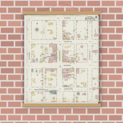 Old map wall art mockup — magnetic wood frame on brick wall — Sanborn Fire Insurance Map from Bunker Hill, Macoupin County, Illinois (1886), Sheet #0002