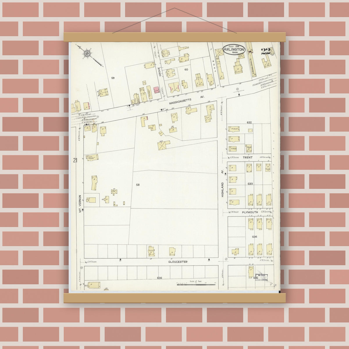 Old map wall art mockup — magnetic wood frame on brick wall — Sanborn Fire Insurance Map from Arlington, Middlesex County, Massachusetts (1914), Sheet #0022