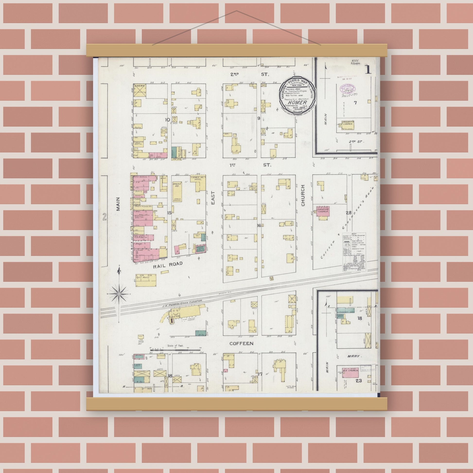 Old map wall art mockup — magnetic wood frame on brick wall — Sanborn Fire Insurance Map from Homer, Champaign County, Illinois (1893), Sheet #0001