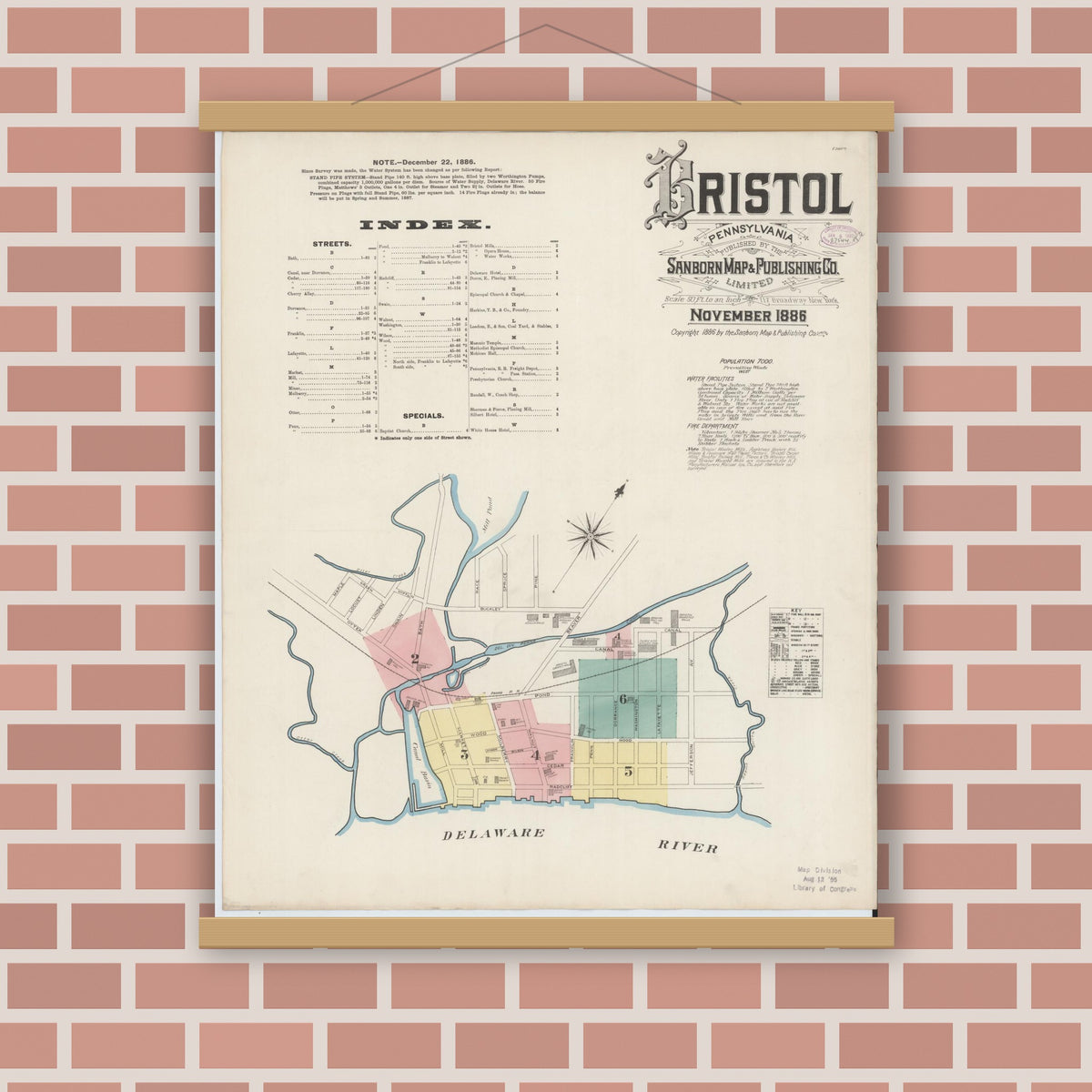 Old map wall art mockup — magnetic wood frame on brick wall — Sanborn Fire Insurance Map from Bristol, Bucks County, Pennsylvania (1886) - Complete Map Set