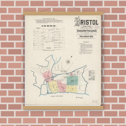 Old map wall art mockup — magnetic wood frame on brick wall — Sanborn Fire Insurance Map from Bristol, Bucks County, Pennsylvania (1886) - Complete Map Set