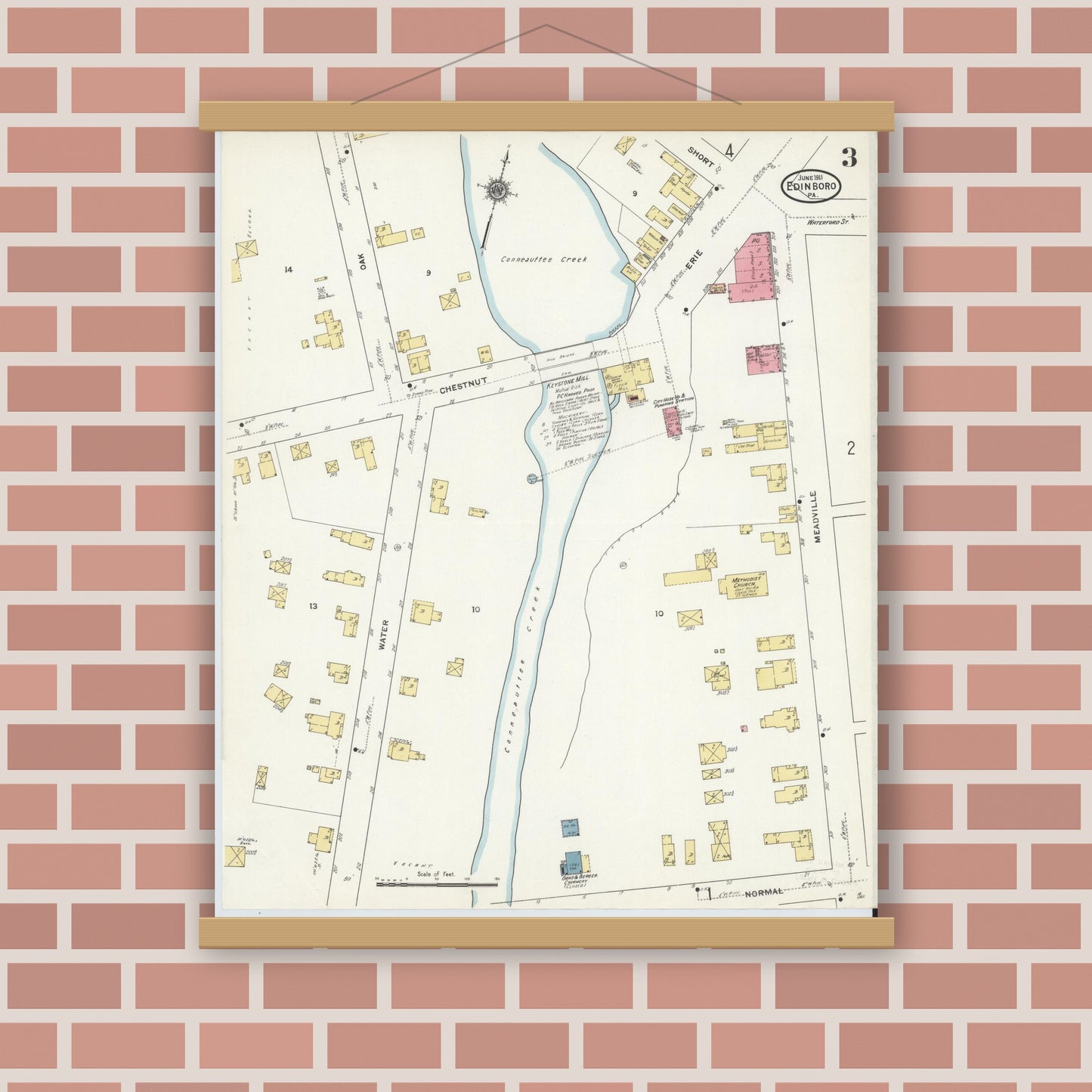Old map wall art mockup — magnetic wood frame on brick wall — Sanborn Fire Insurance Map from Edinboro, Erie County, Pennsylvania (1911), Sheet #0003