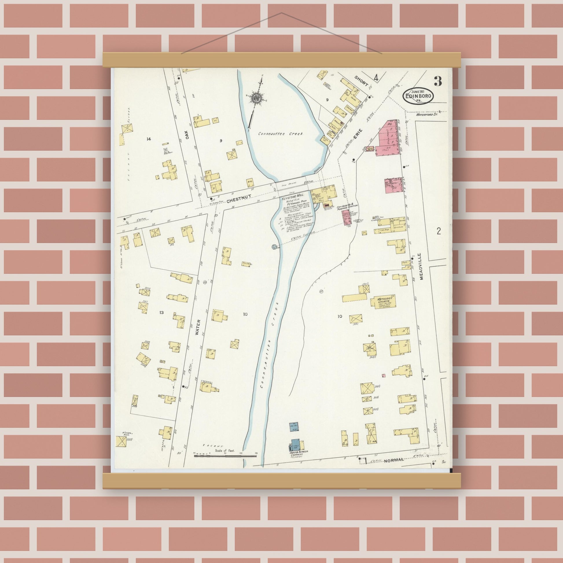 Old map wall art mockup — magnetic wood frame on brick wall — Sanborn Fire Insurance Map from Edinboro, Erie County, Pennsylvania (1911), Sheet #0003