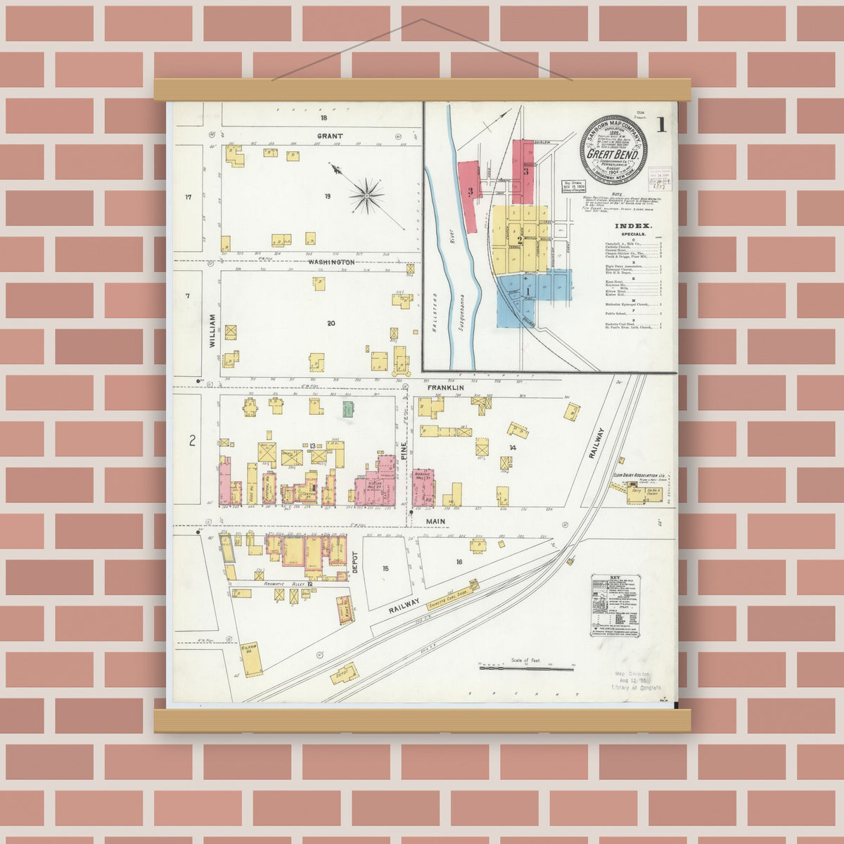 Old map wall art mockup — magnetic wood frame on brick wall — Sanborn Fire Insurance Map from Great Bend, Susquehanna County, Pennsylvania (1904), Sheet #0001
