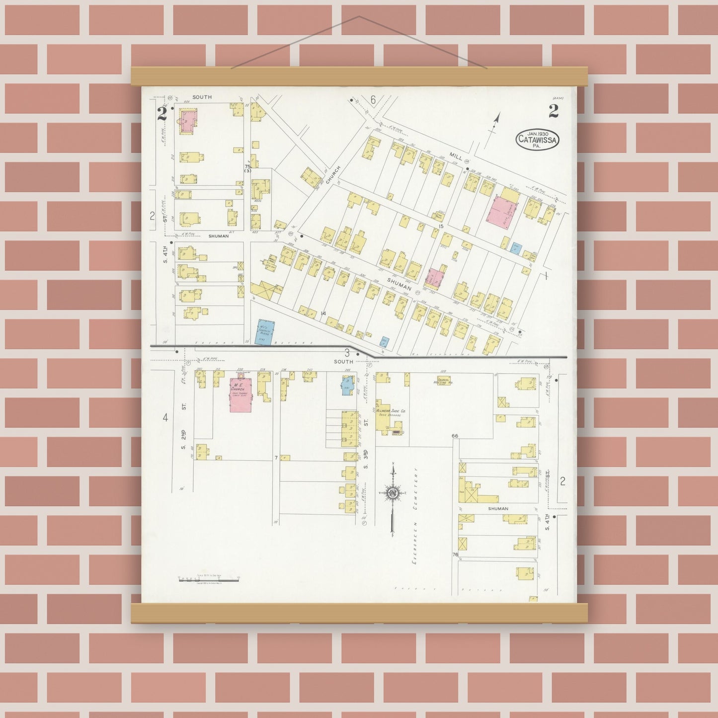 Old map wall art mockup — magnetic wood frame on brick wall — Sanborn Fire Insurance Map from Catawissa, Columbia County, Pennsylvania (1930), Sheet #0002