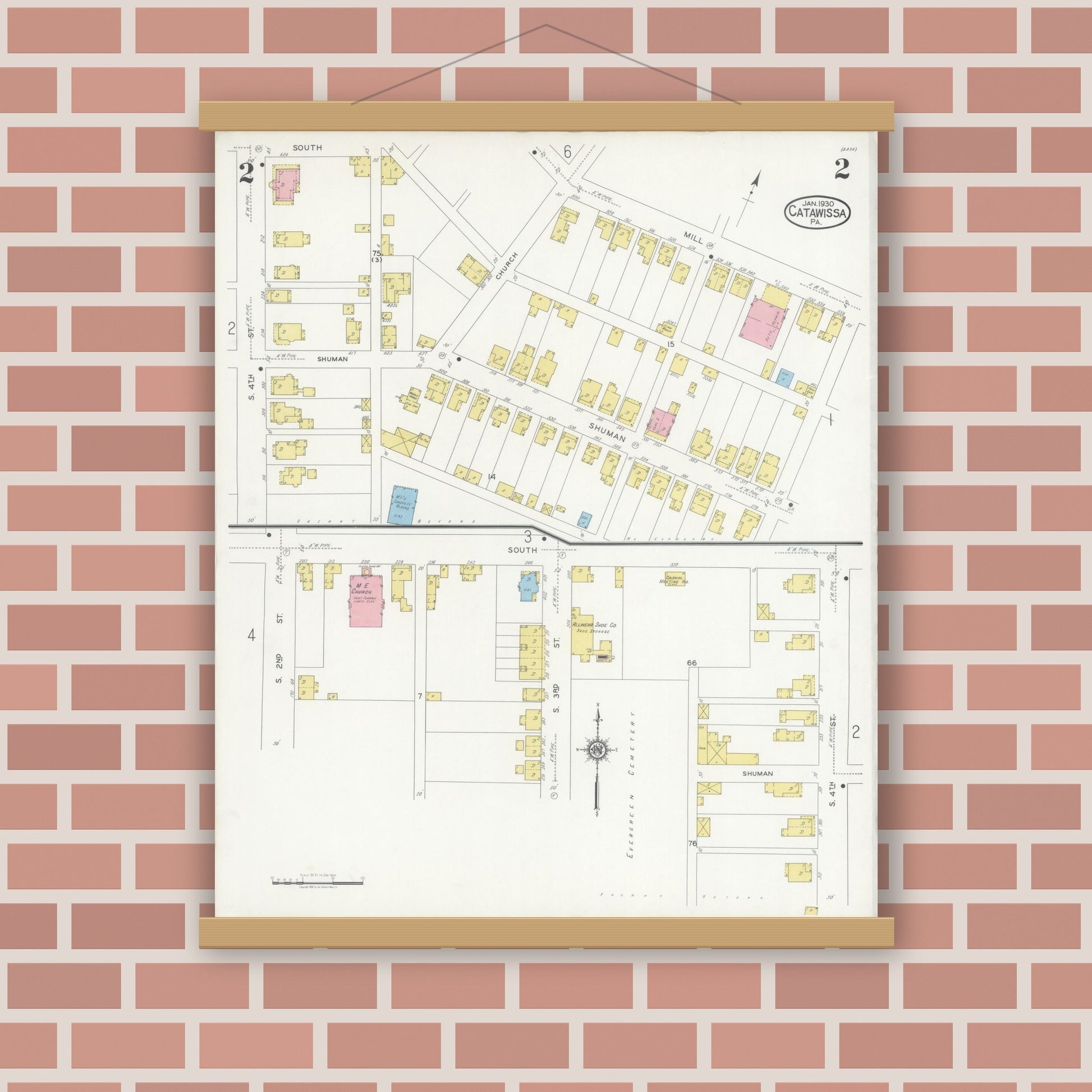 Old map wall art mockup — magnetic wood frame on brick wall — Sanborn Fire Insurance Map from Catawissa, Columbia County, Pennsylvania (1930), Sheet #0002