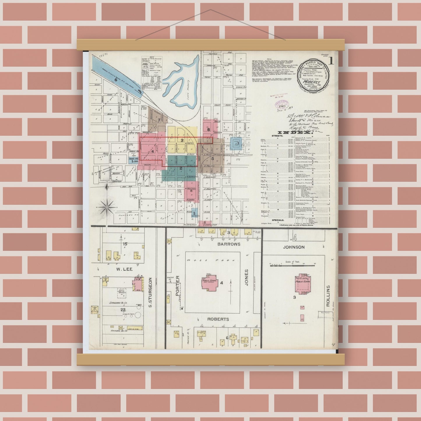 Old map wall art mockup — magnetic wood frame on brick wall — Sanborn Fire Insurance Map from Moberly, Randolph County, Missouri (1893) - Complete Map Set
