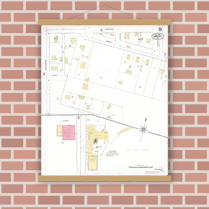 Old map wall art mockup — magnetic wood frame on brick wall — Sanborn Fire Insurance Map from Gridley, Butte County, California (1909), Sheet #0009