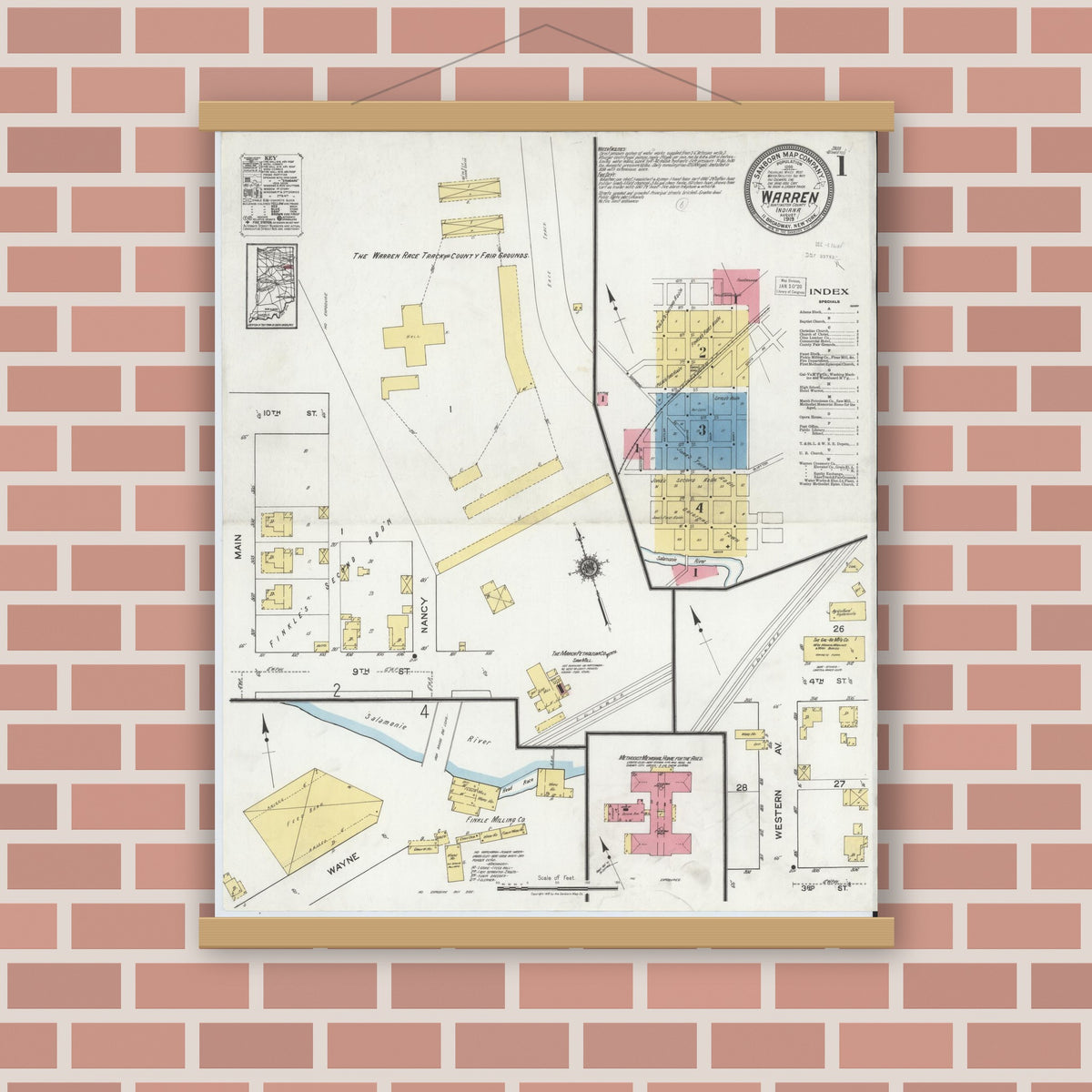 Old map wall art mockup — magnetic wood frame on brick wall — Sanborn Fire Insurance Map from Warren, Huntington County, Indiana (1919), Sheet #0001