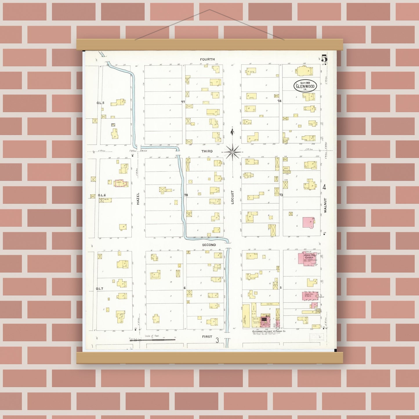 Old map wall art mockup — magnetic wood frame on brick wall — Sanborn Fire Insurance Map from Glenwood, Mills County, Iowa (1908), Sheet #0005