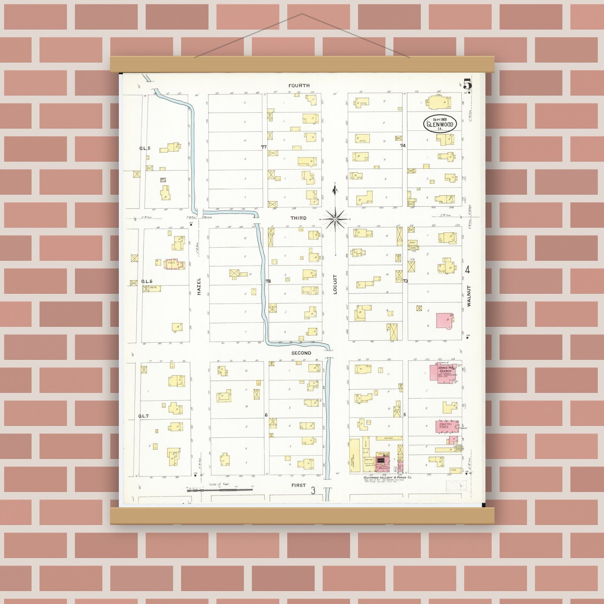 Old map wall art mockup — magnetic wood frame on brick wall — Sanborn Fire Insurance Map from Glenwood, Mills County, Iowa (1908), Sheet #0005