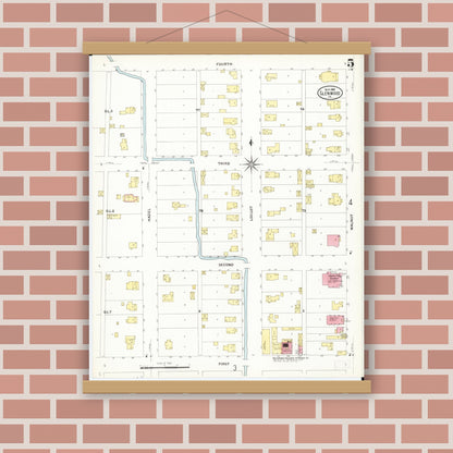 Old map wall art mockup — magnetic wood frame on brick wall — Sanborn Fire Insurance Map from Glenwood, Mills County, Iowa (1908), Sheet #0005