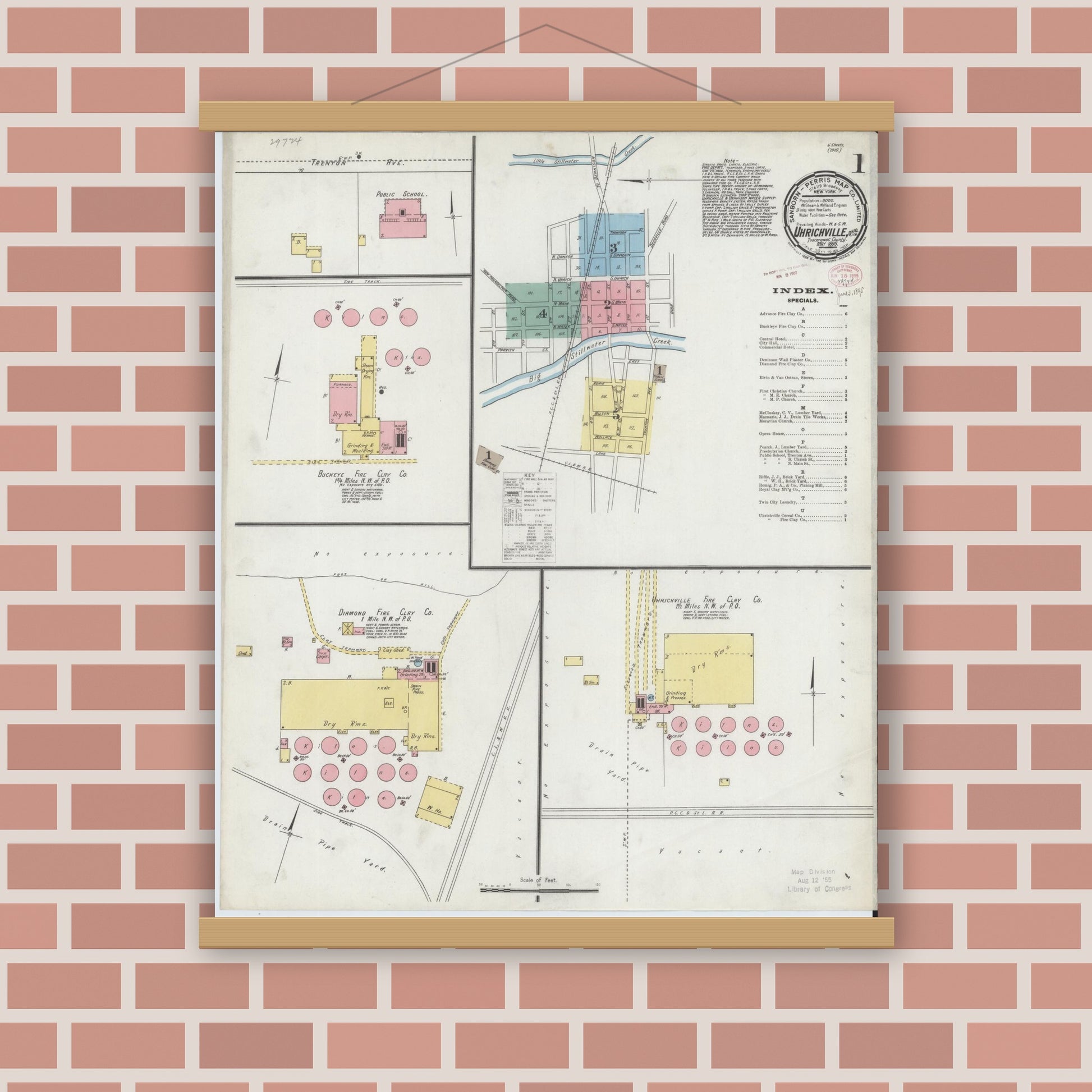 Old map wall art mockup — magnetic wood frame on brick wall — Sanborn Fire Insurance Map from Uhrichsville, Tuscarawas County, Ohio (1895), Sheet #0001