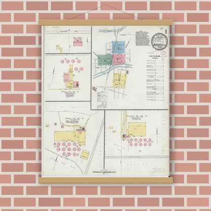 Old map wall art mockup — magnetic wood frame on brick wall — Sanborn Fire Insurance Map from Uhrichsville, Tuscarawas County, Ohio (1895), Sheet #0001