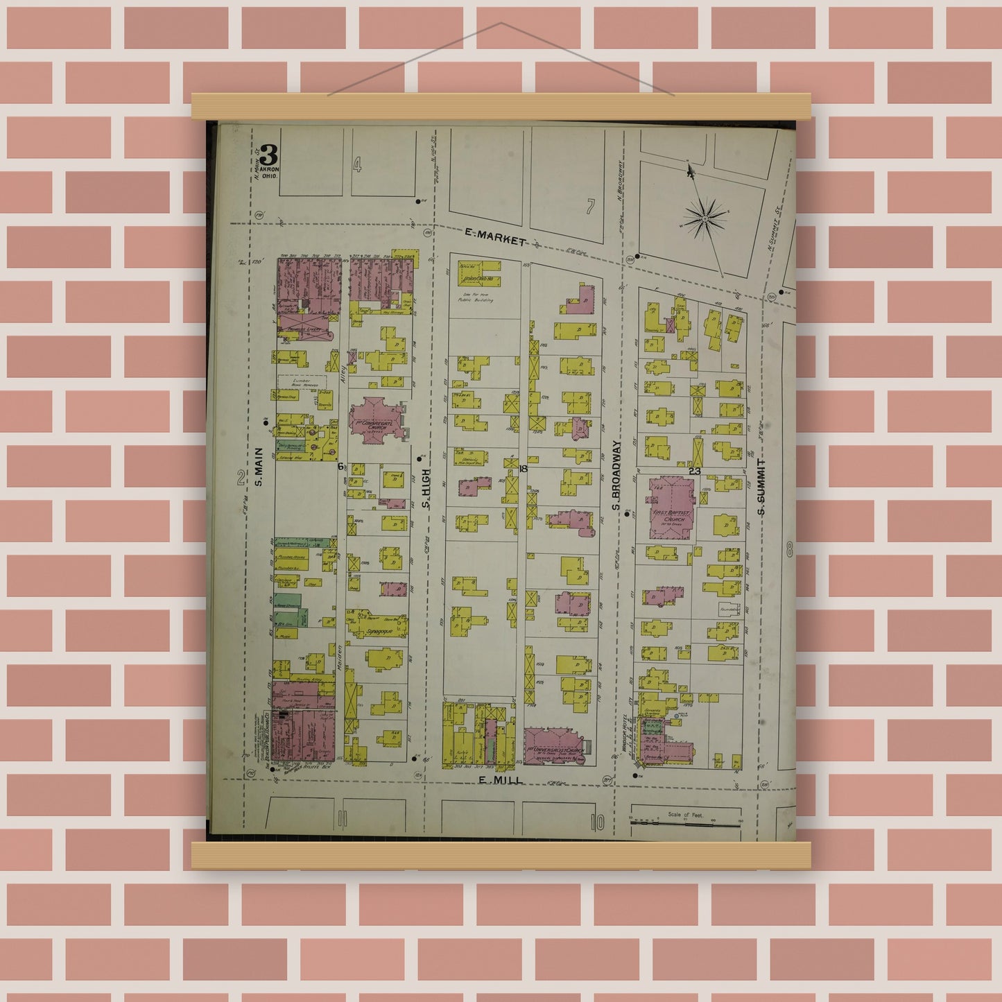 Old map wall art mockup — magnetic wood frame on brick wall — Sanborn Fire Insurance Map from Akron, Summit County, Ohio (1892), Sheet #0003