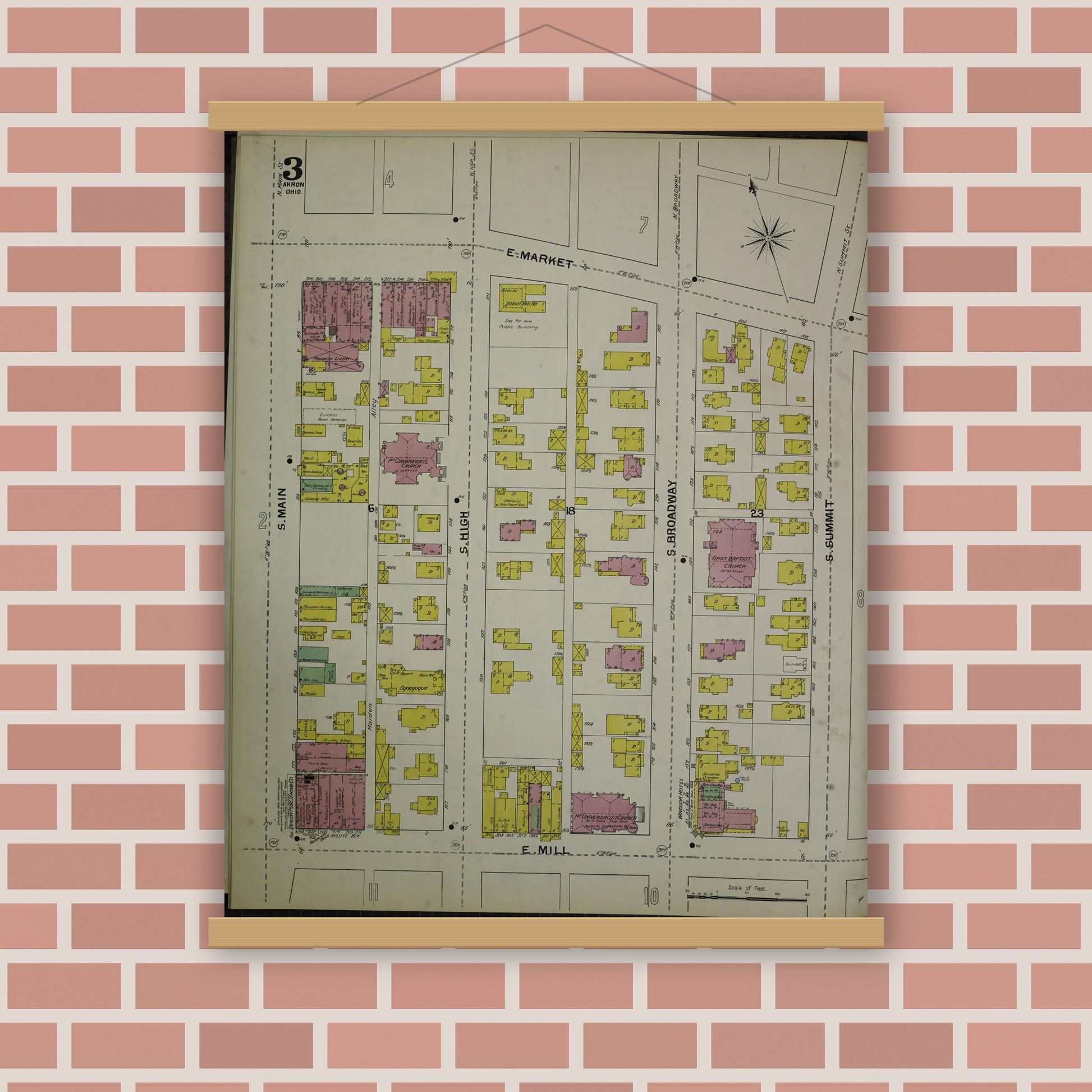Old map wall art mockup — magnetic wood frame on brick wall — Sanborn Fire Insurance Map from Akron, Summit County, Ohio (1892), Sheet #0003