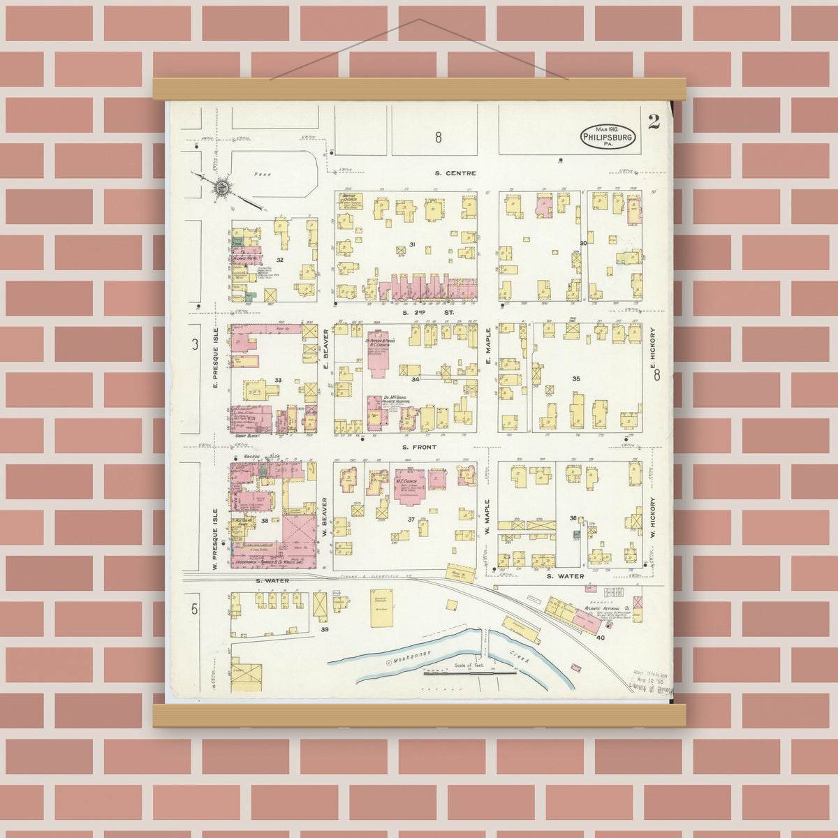 Old map wall art mockup — magnetic wood frame on brick wall — Sanborn Fire Insurance Map from Philipsburg, Centre County, Pennsylvania (1910), Sheet #0002